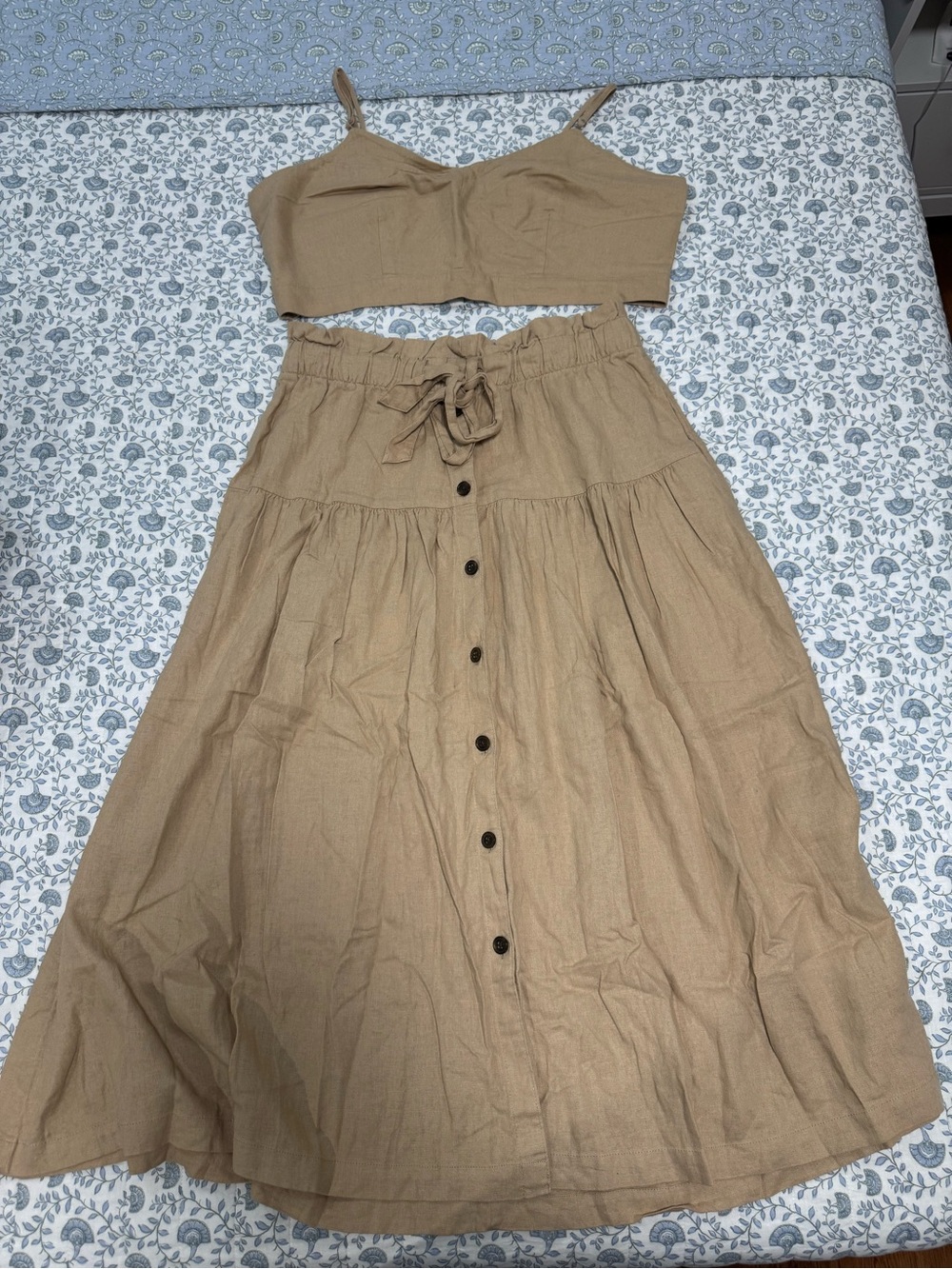 Neutral Tan Button-Front Maxi Skirt and Bra Top  - Women's